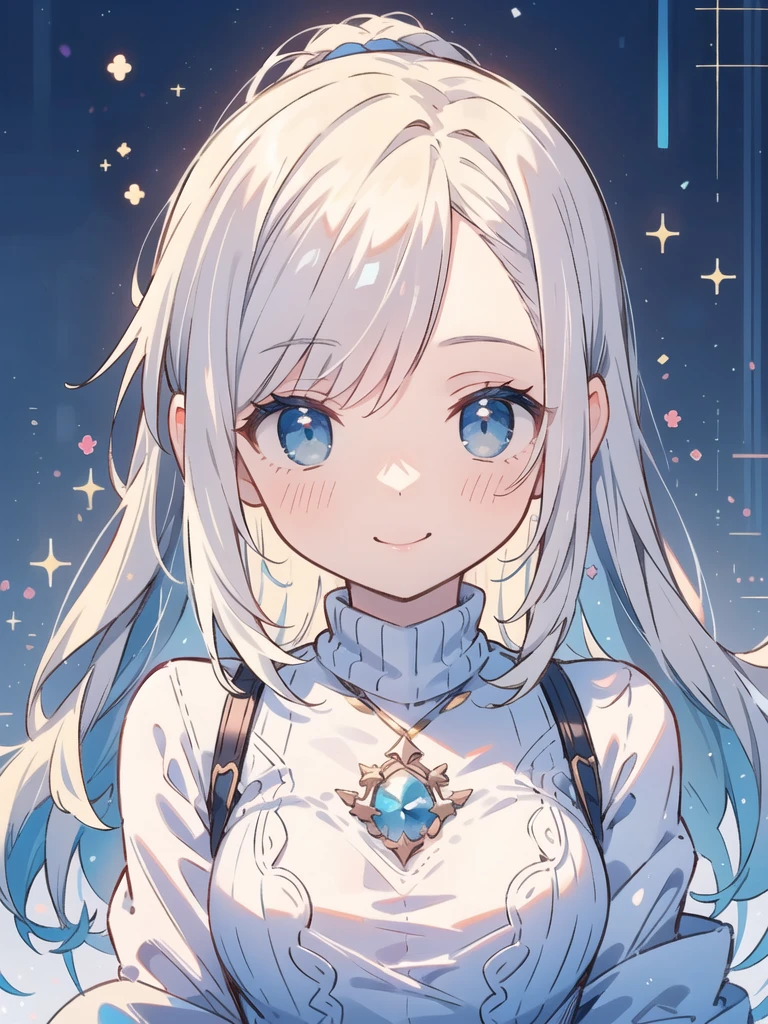masterpiece, Highest quality, Super detailed, High resolution, (realism:1.1), photorealism, Portraiture, Amazingly beautiful one girl, (cute:1.1), whole body, Beautiful woman face, Kind older sister, sweater, Normal chest, Angel, smile, White Hair, Long Hair, blushing, Volumetric lighting, Contrast, Depth of written boundary, Sharp focus, Absurd, Unreal Engine