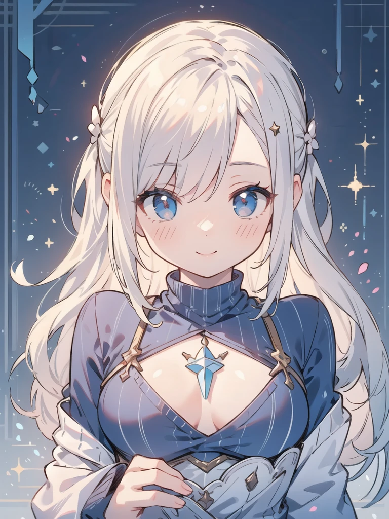 masterpiece, Highest quality, Super detailed, High resolution, (realism:1.1), photorealism, Portraiture, Amazingly beautiful one girl, (cute:1.1), whole body, Beautiful woman face, Kind older sister, sweater, Normal chest, Angel, smile, White Hair, Long Hair, blushing, Volumetric lighting, Contrast, Depth of written boundary, Sharp focus, Absurd, Unreal Engine