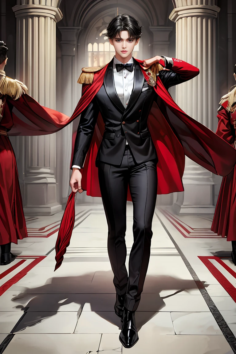 
masterpiece, 最high quality, high quality, 1 boy, alone, Male focus, Watching the audience,  Messy black hair, Adorable big blue eyes, White people, Noble, Noble,Sexy voluminous black and red cape、Tuxedo、A very voluminous, large, very large, very large, long, long red and black cape with a high stand-up collar, made of a lot of fabric that reaches down to the floor., 17 years old,Cute beautiful boys,Cute, cute, kind, handsome guy