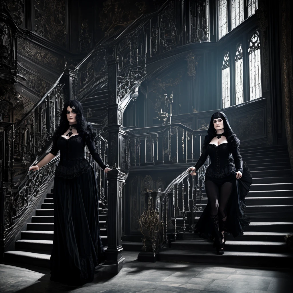 Gothic woman climbing stairs of a dark mansion