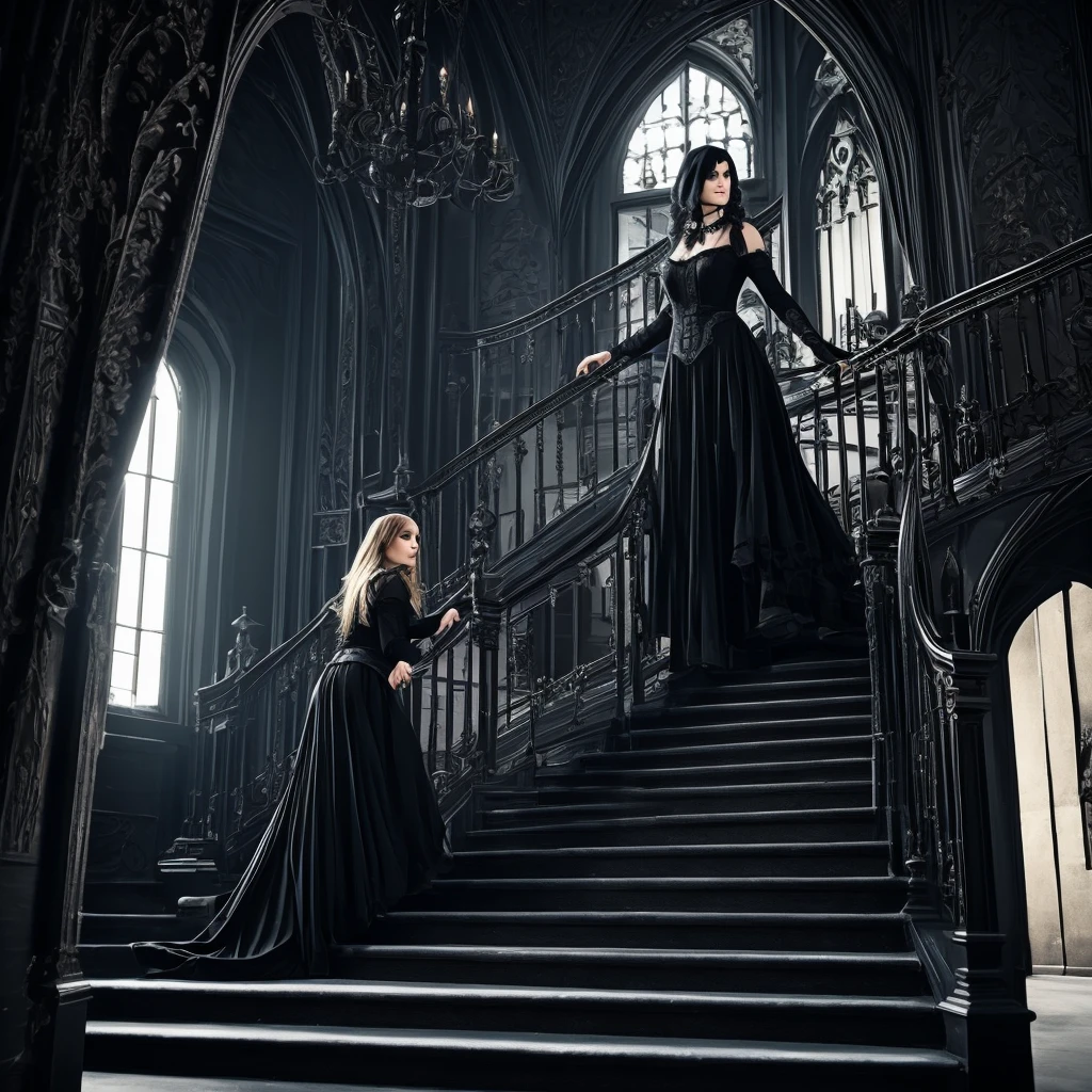 Gothic woman climbing stairs of a dark mansion