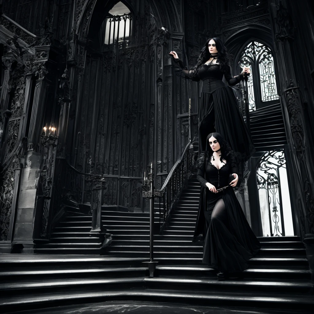 Gothic woman climbing stairs of a dark mansion