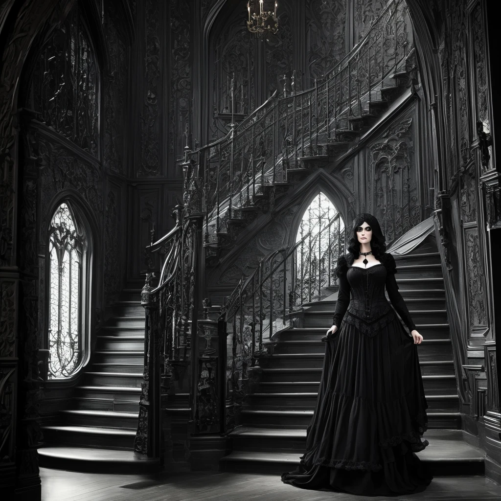 Gothic woman climbing stairs of a dark mansion