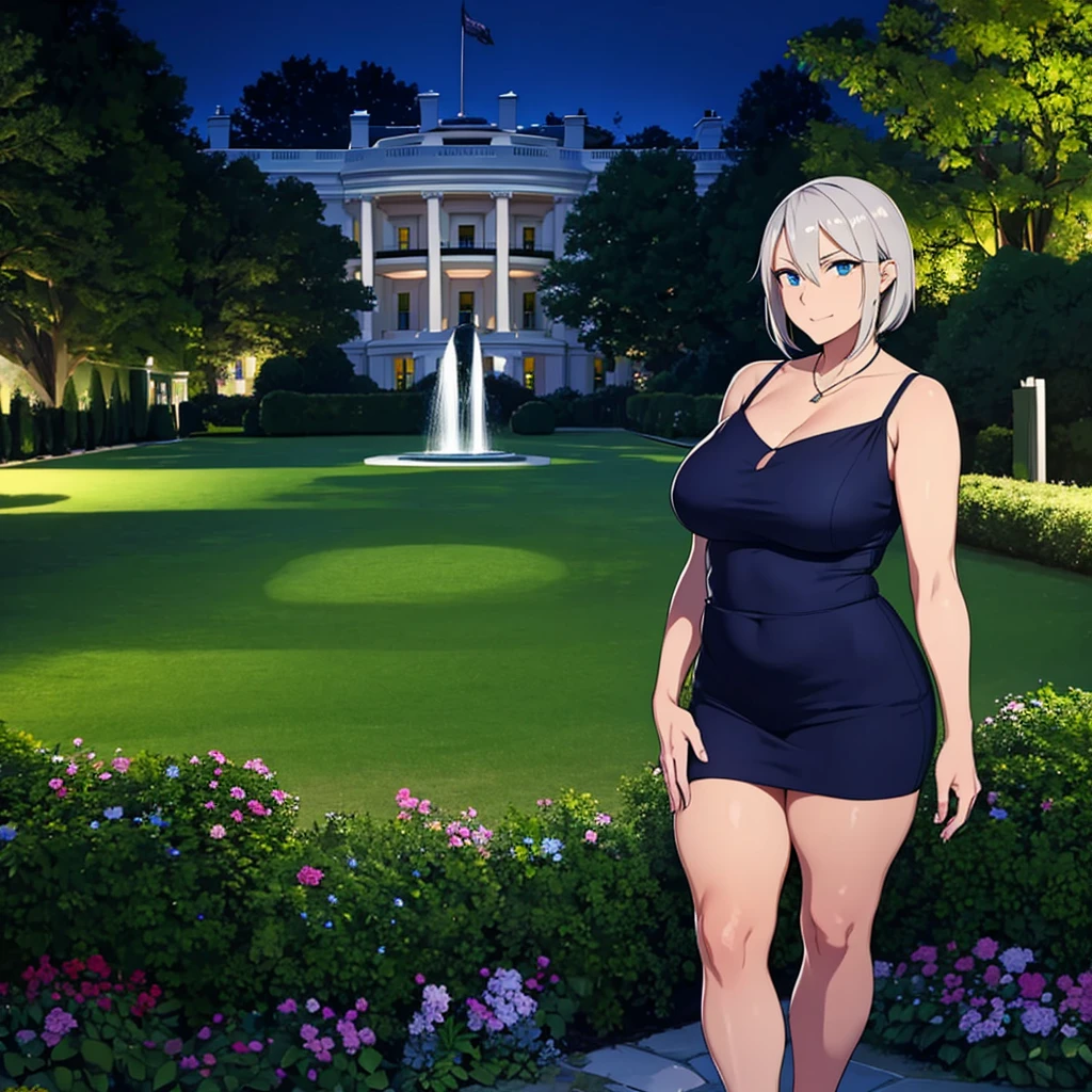 a woman in casual clothes, gray hair, perfect face, blue eye, in the garden of the White House in the United States at night
