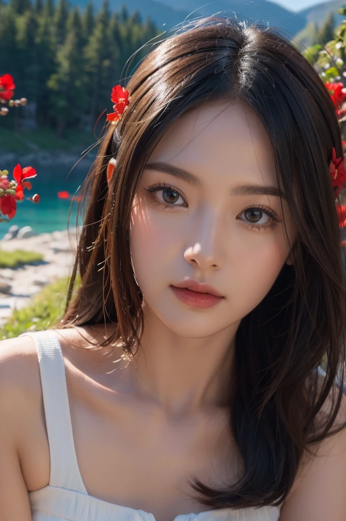 ((Masterpiece)),Best Quality, (8k, Best Quality, Masterpiece:1.2), ultra detailed, illustration, little_scene, 3D_scene, mountain,  red flowers background, water