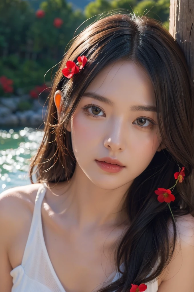 ((Masterpiece)),Best Quality, (8k, Best Quality, Masterpiece:1.2), ultra detailed, illustration, little_scene, 3D_scene, mountain,  red flowers background, water