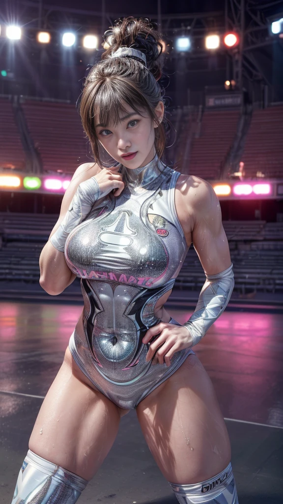 Female professional wrestler、Fighting Pose、tall、smile、((On the Ring))、((Spotlight))、(((large stadium)))、((Super big breasts))、((Ultra tight uniform))、Wristband、(((A flashy costume with a bizarre pattern)))、((Elbow Support))、((Knee support))、I can see your abuscular、Hairstyle with bangs、((Sweat))、((Match venue))、Very beautiful woman、((Female Athletes))、(Detailed face)、Realistic Skin、((Delicate photo)),(Girl Masterpiece RAW Photo Details:1.25), (Highest quality:1.6), (Ultra-high resolution:1.5), (Realistic:1.75), 8K resolution,50mm, Absurd, Ultra-detailed,Cinema Lighting、