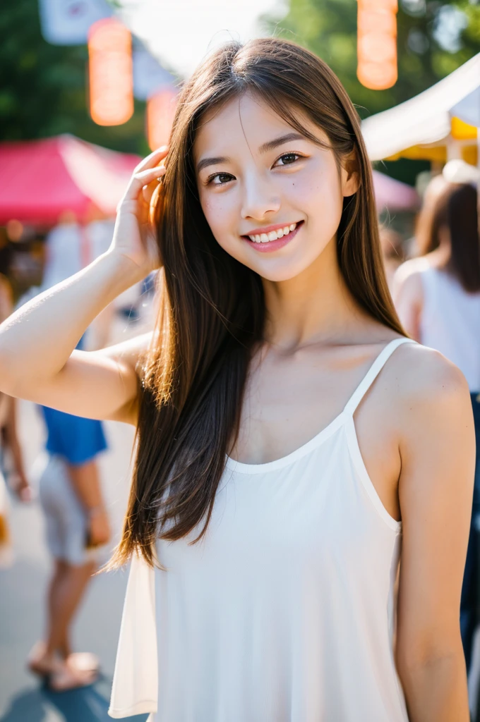 White tank top,  Summer Festival Night Shop, High school freshman, ((whole body)), ((photograph)), ((Highest quality, 8K, masterpiece:1.3)), concentrated:1.2, perfect figure beautiful girl:1.4, One girl, Cowboy Shot, View the viewer, Unbelievably absurd, beautiful and cute girl with a photographrealistic face, Highest qualityの職人技を披露, A Japanese girl walking while looking at the food stalls at a summer festival, , Straight hair 100cm below shoulders, Light brown hair color, Shiny Hair, Bangs cut straight above the eyes, Hair is tucked behind the ears, Soft round face, big almond-shaped eyes, Light brown eye color, Long eyelashes, thin and Neat eyebrows, A small nose with a straight bridge, Cherry colored lips, Bright smile, White teeth, Smooth Skin, Fair skin, Light pigmentation, freckles, average length, Flexible body, Balanced proportions, Small A cup breasts, beautiful girl, Neat, Moe, Hilarious, Curious, Friendly, Polite, Responsible Party, I like festivals and events, August
