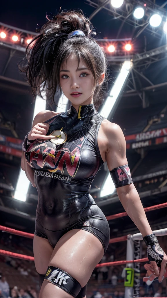 Female professional wrestler、Fighting Pose、expensive、smile、((In the Ring))、((Spotlight))、(((Big stadium)))、((Super big breasts))、((Super tight uniform))、Wristband、(((A flashy costume with a bizarre pattern)))、((Elbow Support))、((Knee support))、I can see your muscles、Hairstyle with bangs、((Sweat))、((Match venue))、Very beautiful woman、((Female Athletes))、(Detailed face)、Realistic Skin、((Delicate photo)),(Girl masterpiece RAW photo details:1.25), (Highest quality:1.6), (Ultra-high resolution:1.5), (Realistic:1.75), 8K resolution,50mm, Absurd, Super detailed,Cinema Lighting、