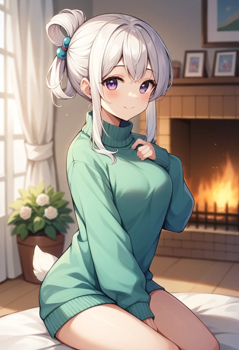 :: hikari comix style ::1 girl, White hair, deer ca.adorable, Japanese girl , ab_Shoulder sweater, White hair curto cacheado,spiral purple eyes, hair elastic, twin-tail, pose kawaii、he used to smile、Simple and modern living room background with fireplace、taken from the side、bokeh fast. With a duck mascot