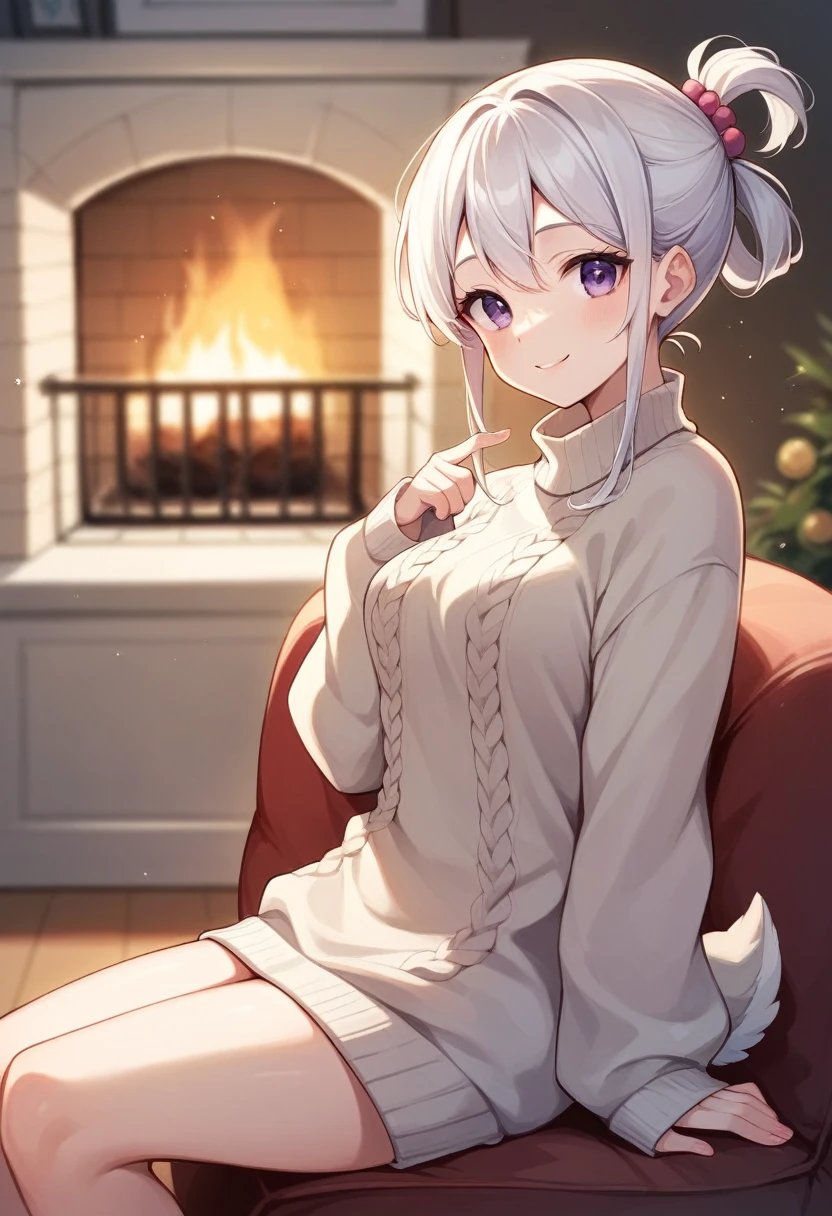 :: hikari comix style ::1 girl, White hair, deer ca.adorable,    Japanese girl , ab_Shoulder sweater,     White hair curto cacheado,spiral purple eyes,  hair elastic, twin-tail,  pose kawaii、he used to smile、Simple and modern living room background with fireplace、taken from the side、bokeh fast. With a duck mascot