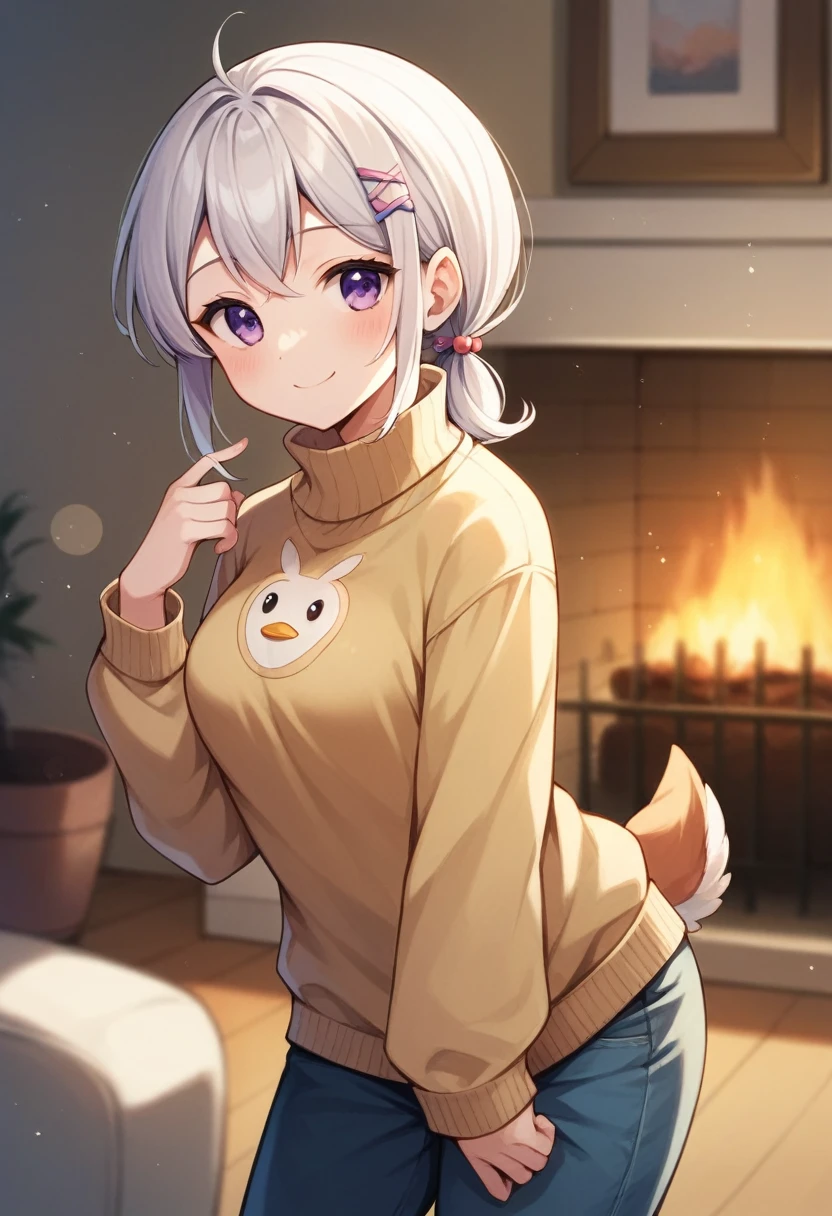 :: hikari comix style ::1 girl, White hair, deer ca.adorable,    Japanese girl , ab_Shoulder sweater,     White hair curto cacheado,spiral purple eyes,  hair elastic, twin-tail,  pose kawaii、he used to smile、Simple and modern living room background with fireplace、taken from the side、bokeh fast. With a duck mascot