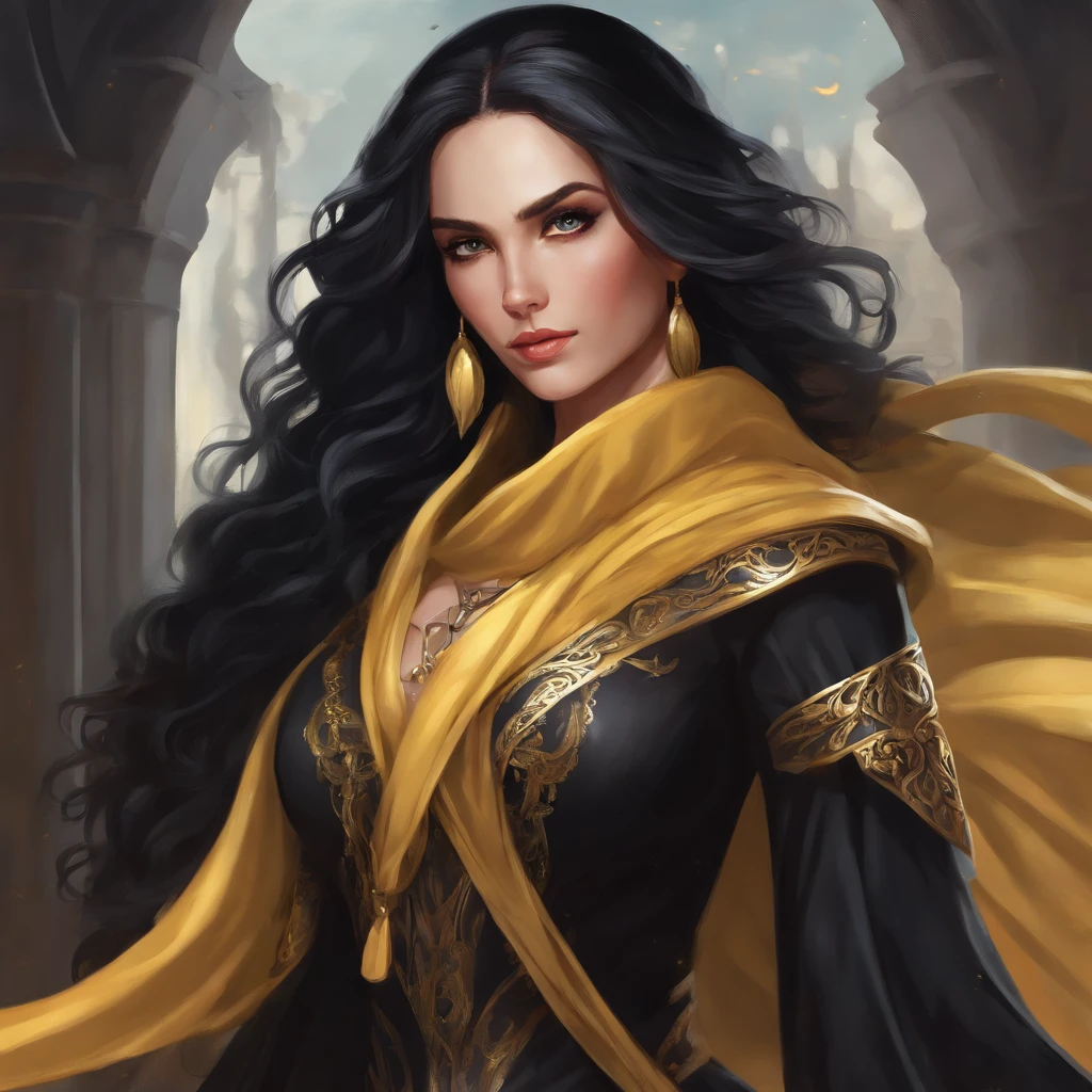 a closeup of a woman with yellow hair and a black scarf, a character portrait of kara zorel., Pixiv contest winner, fantasy art, black hair deity, beautiful character painting, kara dambers style artwork, Lena Luthor's penetrating gaze., with long black hair, with long black hair, loose hair and long robes