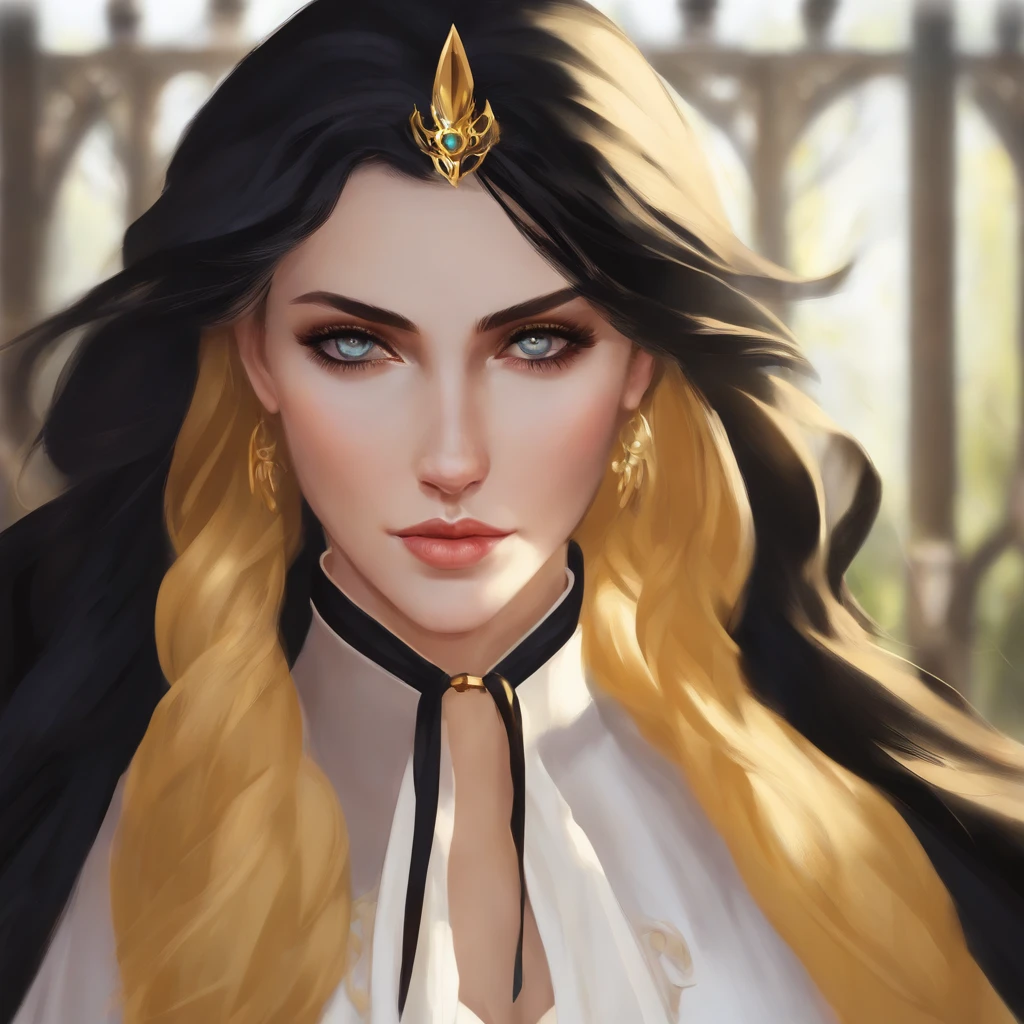 a closeup of a woman with yellow hair and a black scarf, a character portrait of kara zorel., Pixiv contest winner, fantasy art, black hair deity, beautiful character painting, kara dambers style artwork, Lena Luthor's penetrating gaze., with long black hair, with long black hair, loose hair and long robes