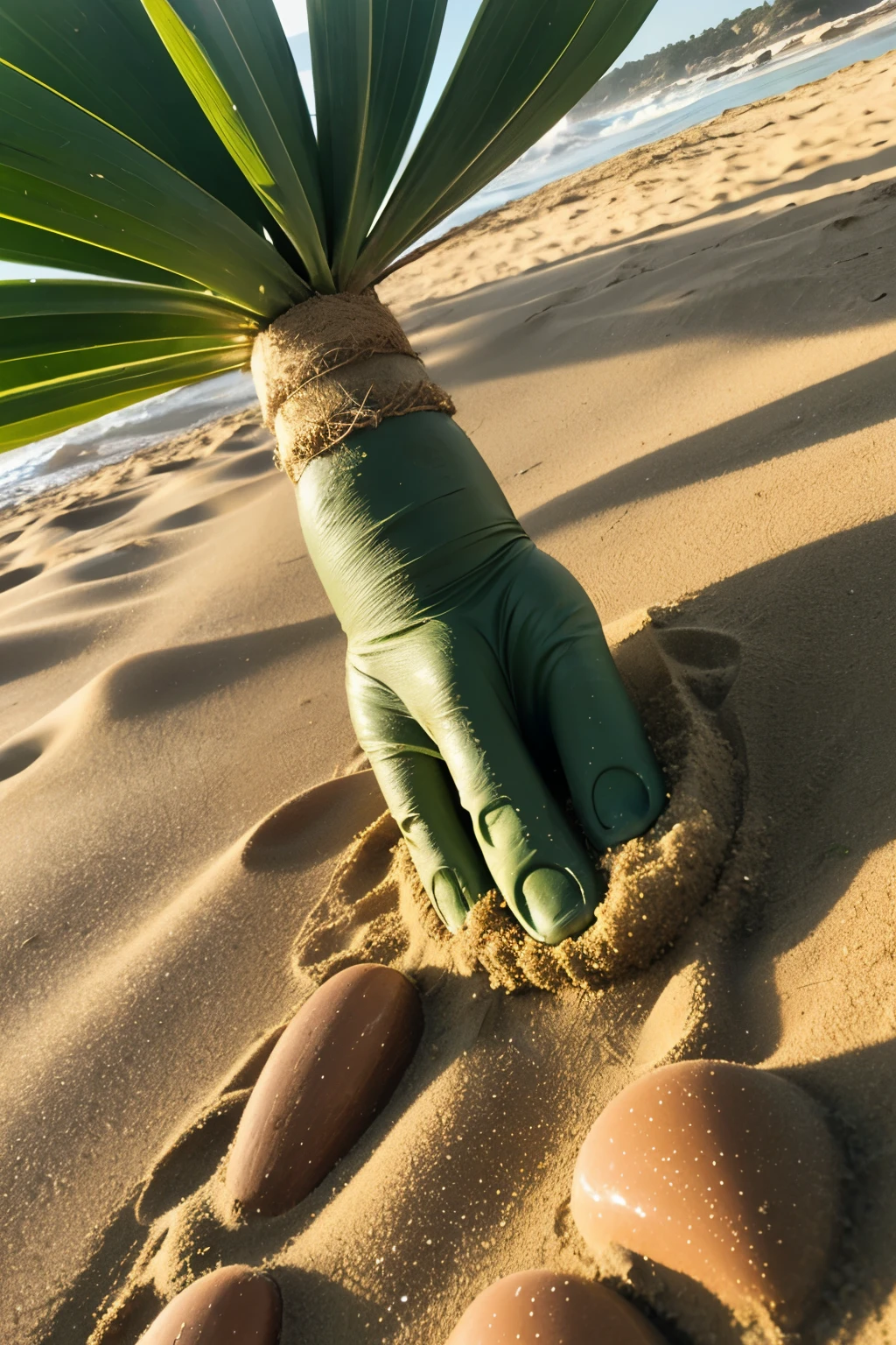 ((Green alien on beach)), ((sand grains floating)), mystic, ((riders on bikes)), sun and beach far away, realistic, main character as a horse paw, oasis, palms, sands of inspiration
