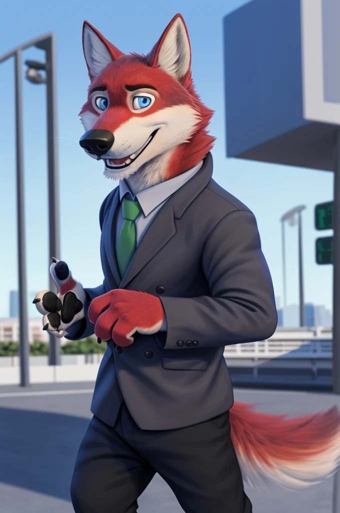 Ivan Wolfbach (сотрудник Аэропорта Domodedovo),high,Beautiful,slim,24 years,wolf, red fur,high Beautiful wolf, 24 years,(red body:1,3),beautiful blue eyes,Domodedovo, Russia, Аэропорт Domodedovo,gray shirt, green tie, trousers, Dog, wolf, detailed fur, a male, antro, paw pads, finger claws, per viewer, 5 fingers, paws, 5 fingers, day, digital photography, soft focus, Good mood на приеме,, Photorealism, realistic , Photorealism, digital style, from close walks around the city, Very close to the camera, digital photography, positive smile, Good, mood, green tie, dental treatment in hospital, they don't see well, pilot patch, 4 yellow stripes on sleeves,
masterpiece, Best quality, ultra realistic, 8 k)
