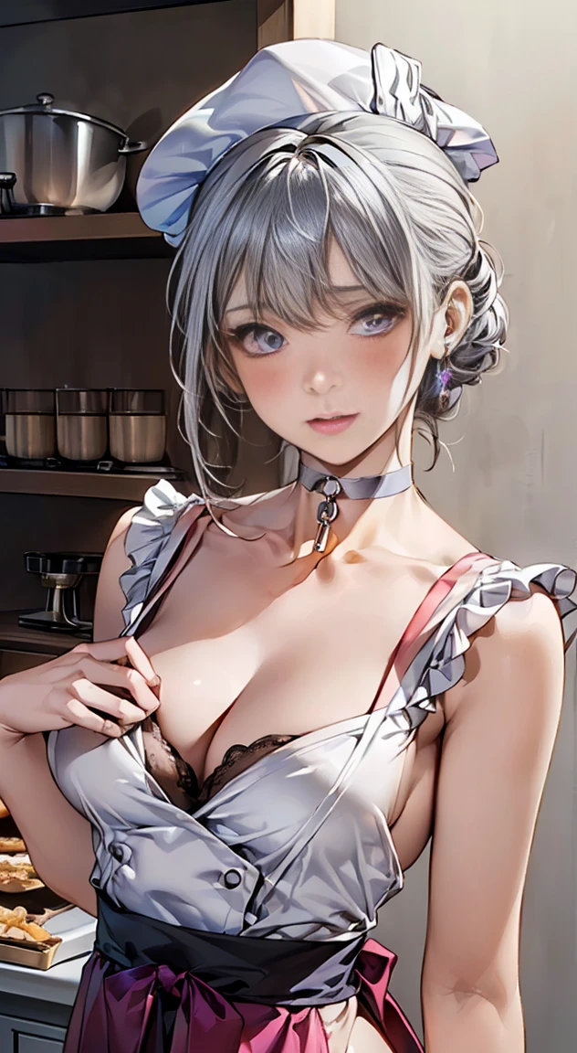 (masterpiece:1.2, highest quality), (realistic, photorealistic:1.4), beautiful illustrations, 
looking at the viewer, whole body, Front view:0.6, 
1 female, 20-year-old, Japanese, ((Silver hair chignon:1.5, 髪をchef hatに纏める:1.5)), thin waist、beautiful hair, beautiful face, beautiful and detailed eyes, (shining purple eyes:1.3), beautiful clavicle, beautiful body, beautiful breasts, beautiful thighs, beautiful feet, beautiful fingers, perfect anatomy:1.3, perfect anatomy
(kitchen:1.3)
((Pastry chef costume:1.5, chef hat:1.4, choker:1.6)), 
((Grab the hem of your skirt with your right hand, put your left hand on your chest,)), 
(Look at the viewer while blushing:1.3)