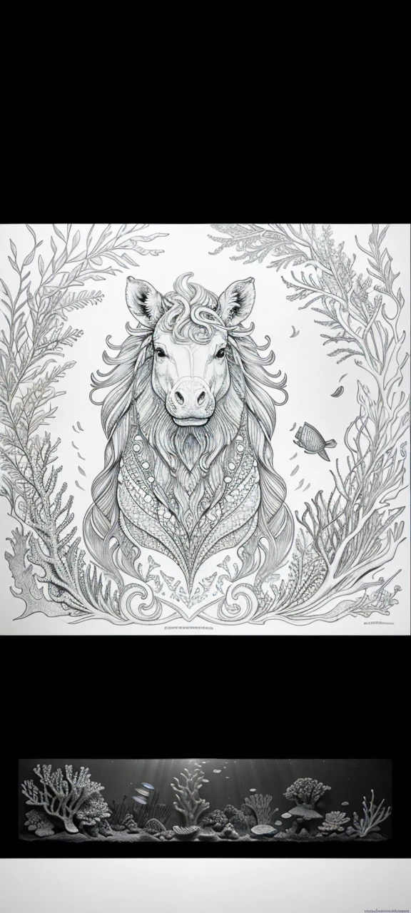 Create a detailed coloring book page featuring a hippocampus in its natural underwater habitat. Include intricate details of its elongated body, horse-like head with a mane of seaweed and shells, and the distinctive fish-like tail. Surround the hippocampus with underwater flora like coral reefs and seaweed, and depict sunlight filtering through the water to capture the magical essence of this mythical sea creature