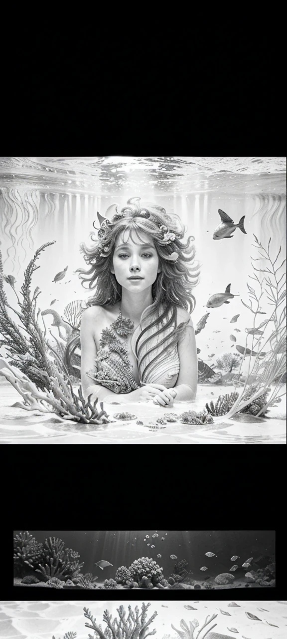 Create a detailed coloring book page featuring a hippocampus in its natural underwater habitat. Include intricate details of its elongated body, horse-like head with a mane of seaweed and shells, and the distinctive fish-like tail. Surround the hippocampus with underwater flora like coral reefs and seaweed, and depict sunlight filtering through the water to capture the magical essence of this mythical sea creature