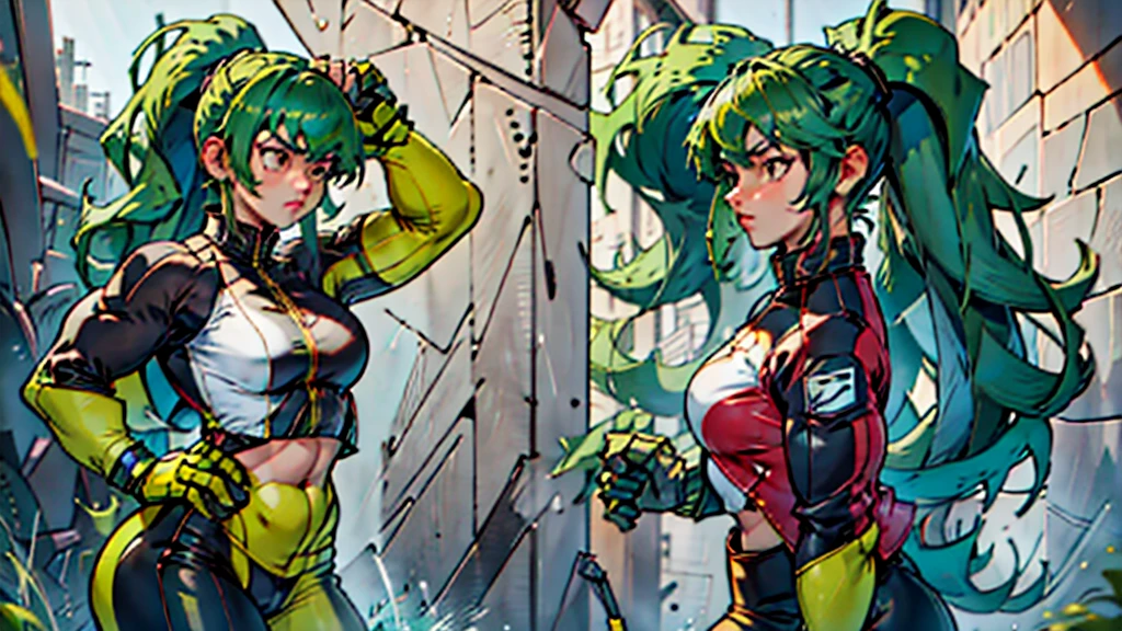 High detailed, 2 girls, kulams, side ponytail hairstyle, parted bangs, leaf-green colored hair, muscular, bodybuilder, yellow kula's clothes, kula's gloves, medium bust, strong body, twins