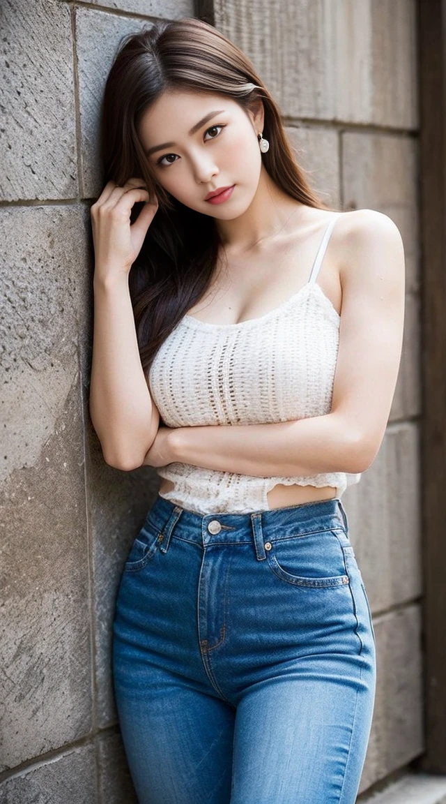 Dark brown hair、Light brown eyes、Japanese actress、 Lady、I40歳くらいです.、(Intricate details:1.2)、(Which is the top????:1.4)、 (Ultra-high resolution:1.2)、Ultra-high resolution、(Finely tuned)、(Detailed facial features)、Hmph、8K resolution、D cup size breasts、Long Hair、Enjoying the sun and shade in Los Angeles、relax、、,Full body photo、Head to toe shot、Beautiful legs、camisole、Denim pants、Blackpink Jenny I、Take this photo、Beautiful legs、she, Fashion Hub, Attention to detail, Very detailed, Realistic, Hourglass Shaped Body, Obscene pose,Leaning against a wall、Place your head against the wall and lift your chin slightly..........、Poses that make you feel weak、Are crying、Deep sorrow、My eyes and cheeks are wet with tears、