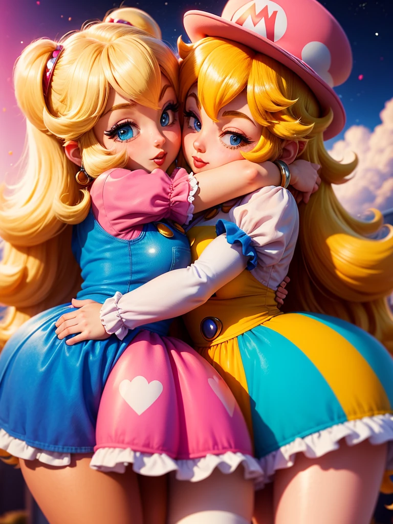Super Mario colorful sky, Lofi Style, close up, ultra detaild, 8K princess peach cute couple hugging and kissing guy brunette, girl blonde