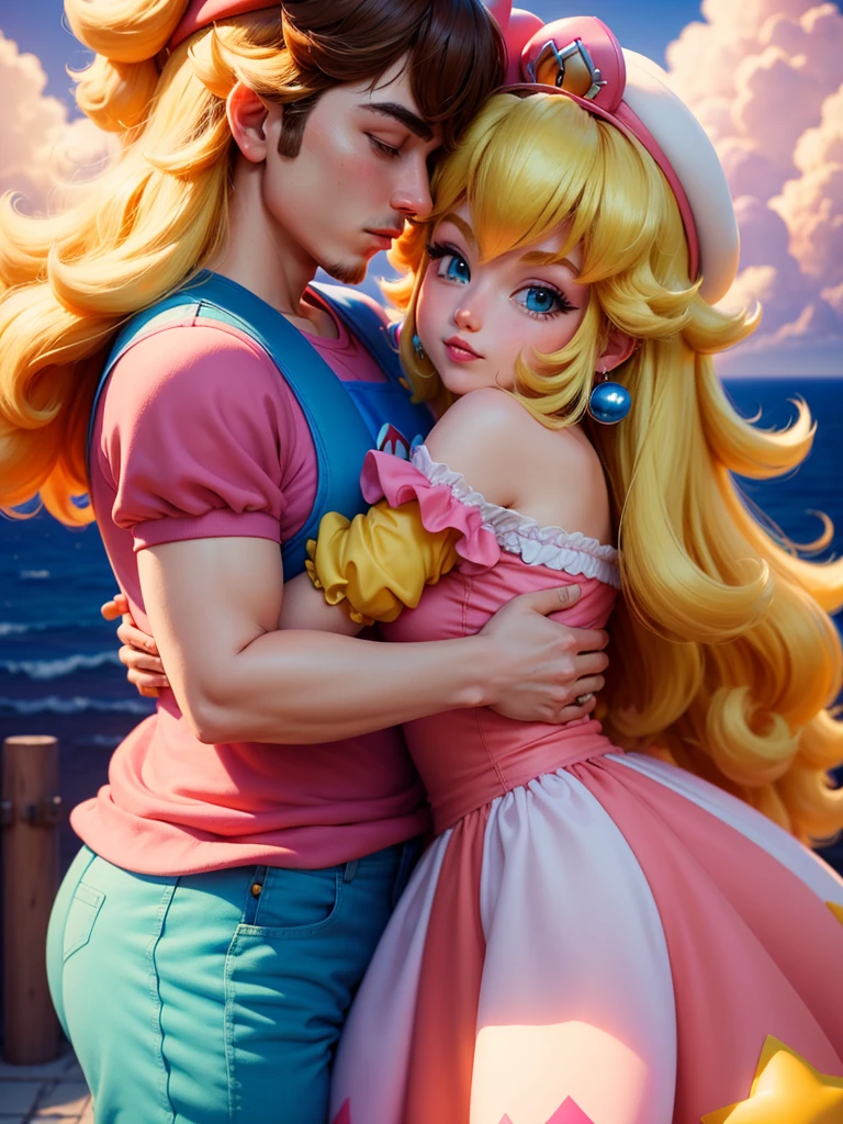 Super Mario colorful sky, Lofi Style, close up, ultra detaild, 8K princess peach cute couple hugging and kissing guy brunette, girl blonde
