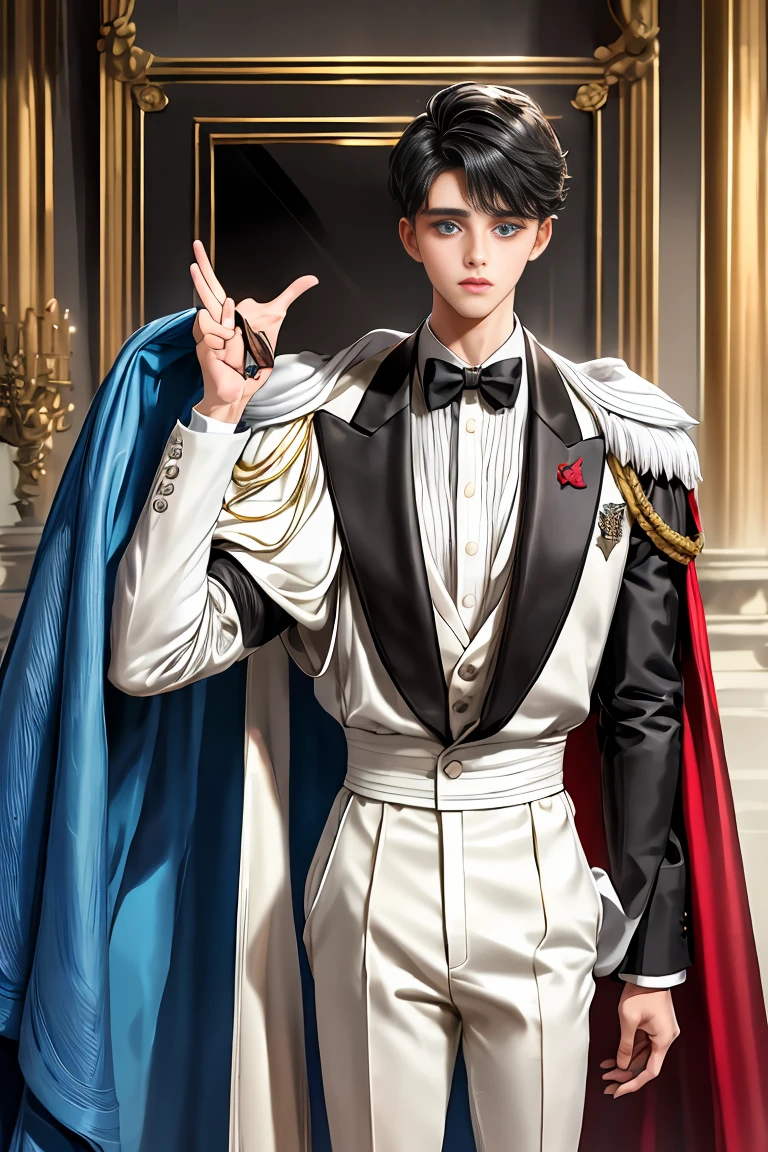 masterpiece, 最high quality, high quality, 1 boy, alone, Male focus, Watching the audience, Messy black hair, Adorable big blue eyes, White people, Noble, Noble,Sexy voluminous cape、Tuxedo、A very voluminous, large, very large, very large, long, long red and black cape with a high stand-up collar, made of a lot of fabric that reaches down to the floor., ,Cute beautiful boys,Cute, cute, kind, handsome guy