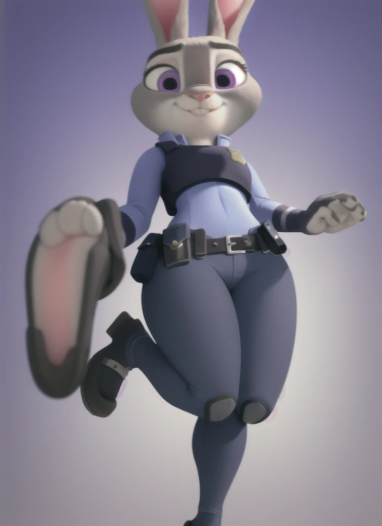 Judy Hopps, furry woman, antro, bunny girl, bunny ears, action pose, Police uniform, wrist protection, blue pants,sandals with heels, (legs:1.2), Police Belt,  One, (body fur:1.2), (Best quality), (gradient background:1.2), Portrait lighting, (detailed fluffy fur:1.1), (Looking at the viewer:1.2), bulletproof vest, smile,  render, from below, 