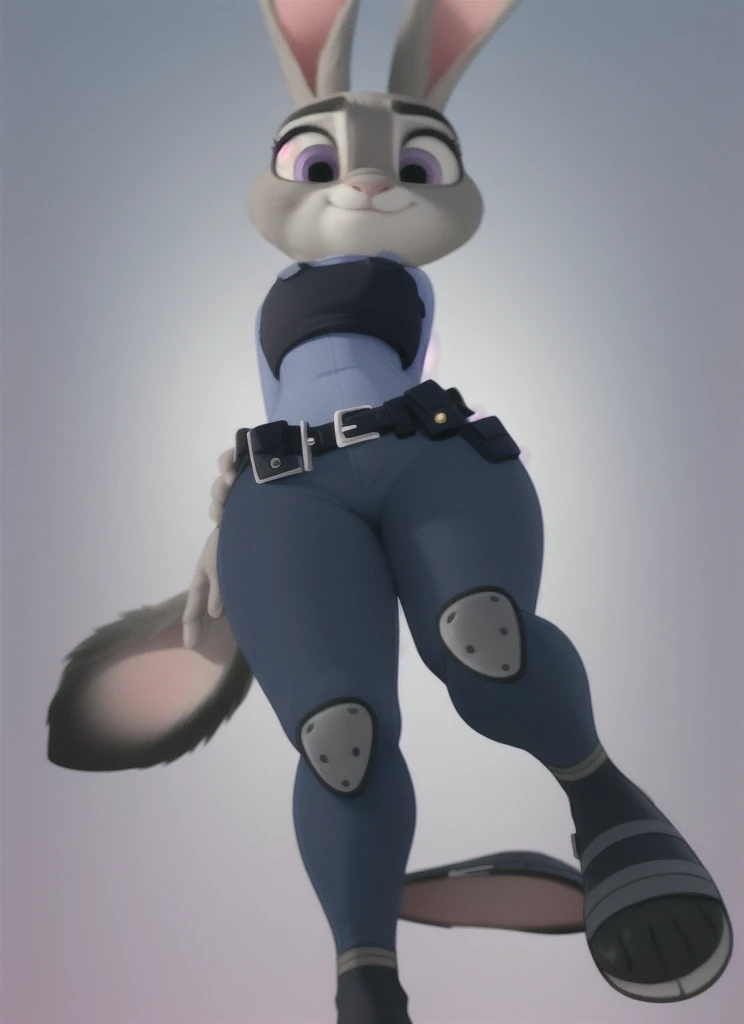 Judy Hopps, furry woman, antro, bunny girl, bunny ears, action pose, Police uniform, wrist protection, blue pants,sandals with heels, (legs:1.2), Police Belt,  One, (body fur:1.2), (Best quality), (gradient background:1.2), Portrait lighting, (detailed fluffy fur:1.1), (Looking at the viewer:1.2), bulletproof vest, smile,  render, from below, 