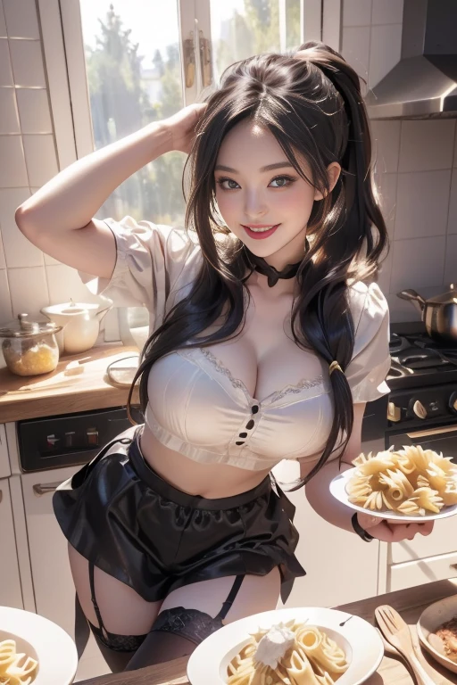 (dynamic angle:1.3, front view:1.1, breast focus:1.3, from above:1.1), (dynamic posing:1.2, sexy posing:1.2), (seductive smiling:1.3), ((holding Pasta on a plate,Taking the pasta out of the pan, worried about the outcome:1.2)),highest quality、(real、photorealistic:1.4),(ultra high resolution, 8K RAW photo, clear focus), best qualtiy, natural lighting, field depth, (Bright pupils, detailed beautiful eyes, high detailed face), Red lip, (tight focus:1.2), a girl 22yo old, Wearing a pastry chef uniform:1.3 , Thicc, thin breast, long hair, blue eyes,garter stocking, cleavage:1.2, midriff, black shorts, black thighhighs, thigh strap, pretty girl, (highly detailed beautiful face and eyes,firm breasts),real skin,((black,hair,long pony tail hair)),thin pubic hair,cute,lovely, detailed eyes,(double breasted:1.0,under bust:1.0),(with sparkling eyes and a contagious smile),open mouth, Looking at Viewer,A scene of make cooking Carbonara Pasta in the kitchen
