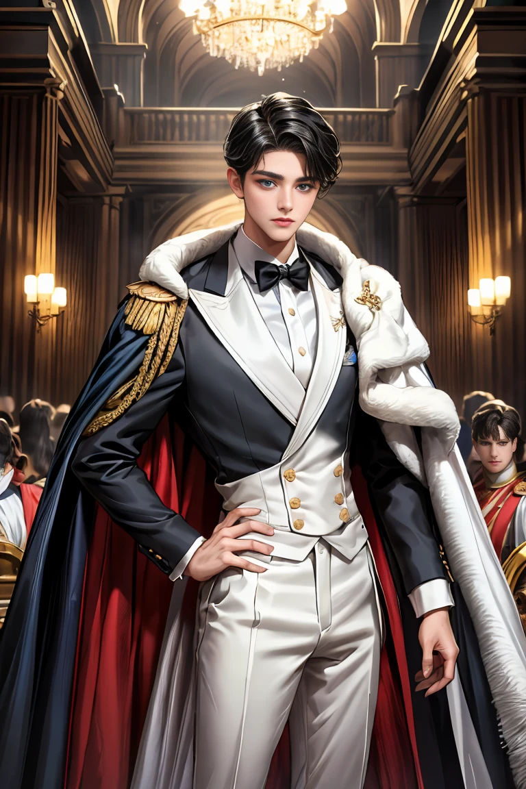 masterpiece, 最high quality, high quality, 1 boy, alone, Male focus, Watching the audience, Messy black hair, Adorable big blue eyes, White people, Noble, Noble,Sexy voluminous cape、Tuxedo、A very voluminous, large, very large, very large, long, long red and black cape with a high stand-up collar, made of a lot of fabric that reaches down to the floor., 17 years old,Cute beautiful boys,Cute, cute, kind, handsome guy