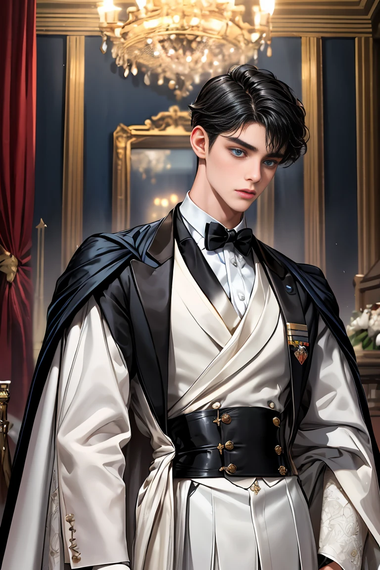 masterpiece, 最high quality, high quality, 1 boy, alone, Male focus, Watching the audience, Messy black hair, Adorable big blue eyes, White people, Noble, Noble,Sexy voluminous cape、Tuxedo、A very voluminous, large, very large, very large, long, long red and black cape with a high stand-up collar, made of a lot of fabric that reaches down to the floor., ,Cute beautiful boys,Cute, cute, kind, handsome guy