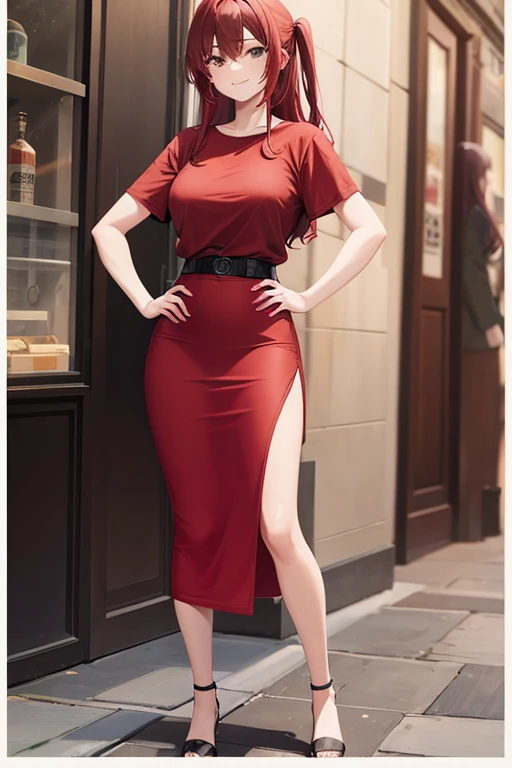 1girl, woman, red t-shirt, black midi pencil skirt, midi length skirt, long hair, looking at viewer, full body, smile, hand on hip
