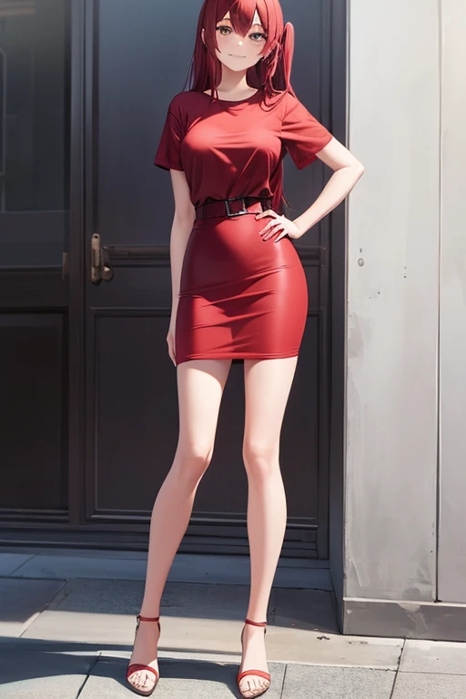 1girl, woman, red t-shirt, black midi pencil skirt, midi length skirt, long hair, looking at viewer, full body, smile, hand on hip