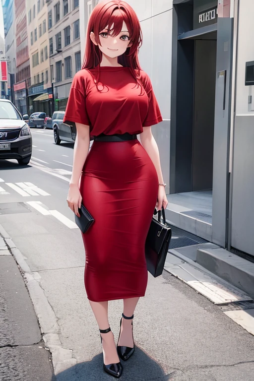 1girl, woman, red t-shirt, black midi pencil skirt, midi length skirt, long hair, looking at viewer, full body, smile, hand on hip