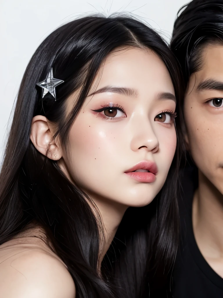 Kim Jennie with dark black hair, with curlers at the ends of dark black hair, with a star clip in her dark black hair, light colored eyes, pretty eyes, crying eyes, pretty, upturned nose, Pretty lips, pink lips, heart and cupid shaped lip, pretty skin, pale, White skin, with moles and freckles all over his face, soft pink blush on the cheeks, natural pink blush, dark and gothic makeup, Gothic Jennie, while she is with a cute boy by her side, with a cute asian boy standing next to her, while there is a man&#39;s torso, while the man&#39;His hand is on his jaw.., beautiful man&#39;s hands, with a gothic boy, nice collars, marked collar, frown, angry look, with a kiss necklace, a pretty kiss necklace, while her nipples are noticeable (big breasts, soft breasts, nice breasts, natural breasts), with a white dress, short and transparent dress, visible on the nipple, with a boy by his side, with her boyfriend, looking to the camera, autophoto