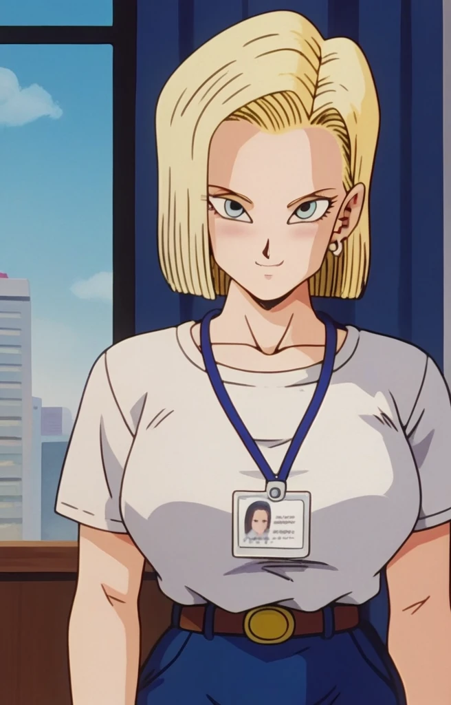 cyborgc18dbz, 1girl, blonde hair, blue eyes, short hair, earrings, 1lady standing, /(casual shirt/) (pencil skirt:1.1) /(id card lanyard/), (mature female) bangs, blush kind smile, (masterpiece best quality:1.2) delicate illustration ultra-detailed, large breast BREAK /(modern office indoors/), window skyscraper, look at viewer