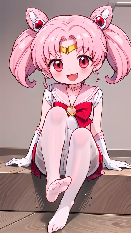 high quality，Sailor Moon，young年，Seven years old，cute，Metal hairpins，（），（Little Loli），Pink ，short hair，（Red hairpin），（Double tail），Sailor Suit，Red bow，White elbow gloves，Red Skirt，(White pantyhose:1.5)，(young)，(Smahort legs）（No shoes），Smile，Open your mouth，Fangs，sit，（Soles of the feet:2.0），（Raise your legs high），（Thick white tights:1.5）（Close-up of the soles of the feet:1.5）