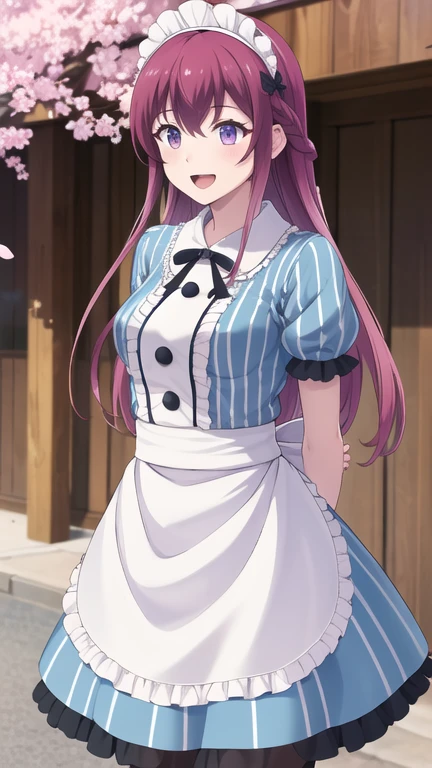 masterpiece, best quality, highres, 1girl, solo, long hair, purple hair, braid, maid headdress, purple eyes, neck ribbon, frills, vertical stripes, blue dress, short sleeves, apron, black pantyhose, arms behind back, smile, open mouth, standing, cowboy shot, leaning forward, outdoors, cherry blossoms,