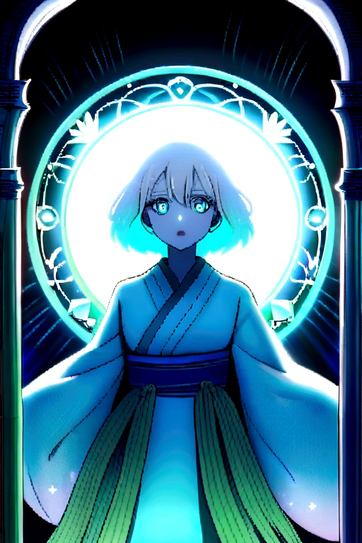 Colette has pale blue skin and short white hair.. Your eyes now shine with kindness. She wears a blue kimono with pastel blue tones. She wears a bamboo in her green mouth. And she's in a forest that shines with moonlight.