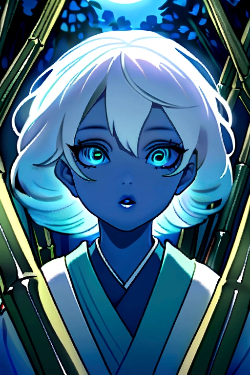 Colette has pale blue skin and short white hair.. Your eyes now shine with kindness. She wears a blue kimono with pastel blue tones. She wears a bamboo in her green mouth. And she's in a forest that shines with moonlight.