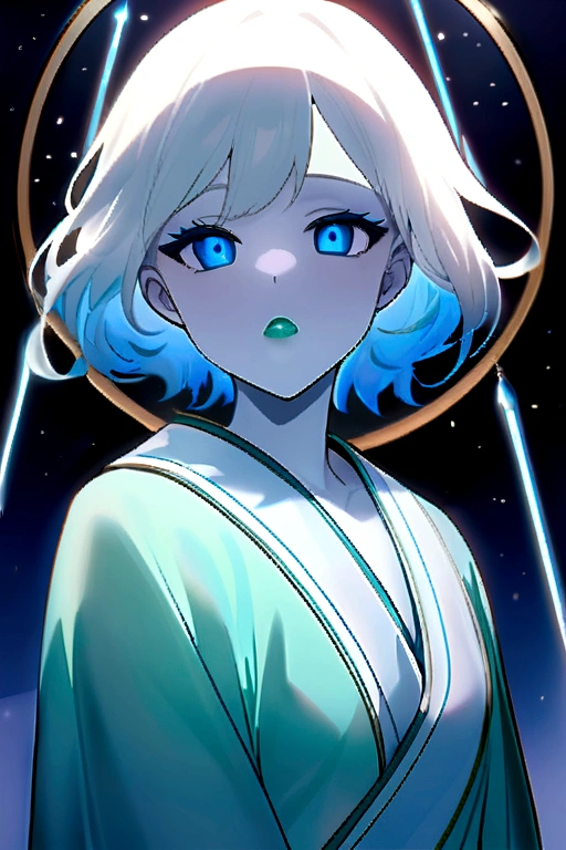 Colette has pale blue skin and short white hair.. Your eyes now shine with kindness. She wears a blue kimono with pastel blue tones. She wears a bamboo in her green mouth. And she's in a forest that shines with moonlight.