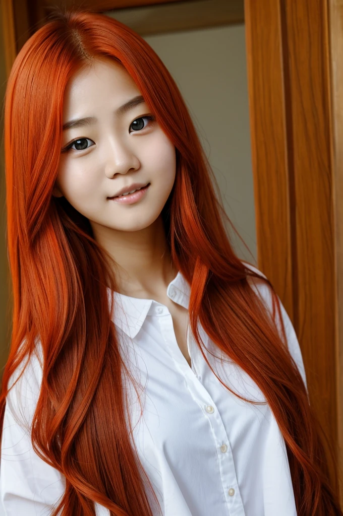 Cute korean-latin teenager girl with very long red-orange hair and blue eyes wearing a