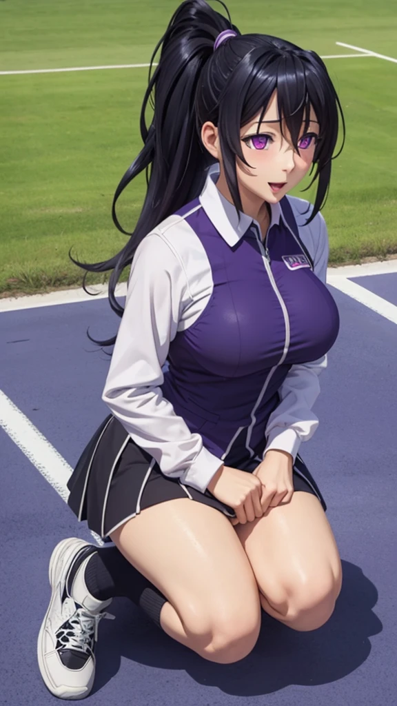 Akeno on knees for a blowjob, naughty and happy face, different angles, (masterpiece), best quality, perfect face, large breasts, ponytail, black hair, long hair, purple eyes, naughty tennis uniform, bright eyes,