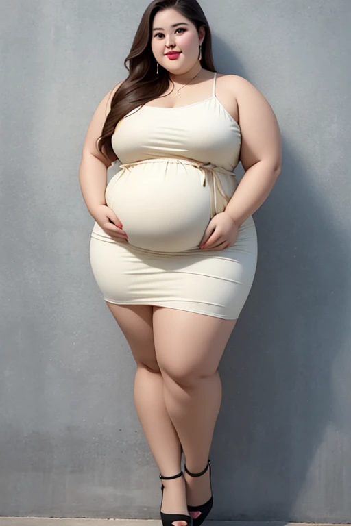 best quality, masterpiece, Weight: 120 kg, extremely obese, severe abdominal obesity, severe visceral obesity, Belly fat is prominent, severe abdominal obesity, I got a lot of belly, mini skirt, high heel, ssbbw, fat body type, pregnant belly