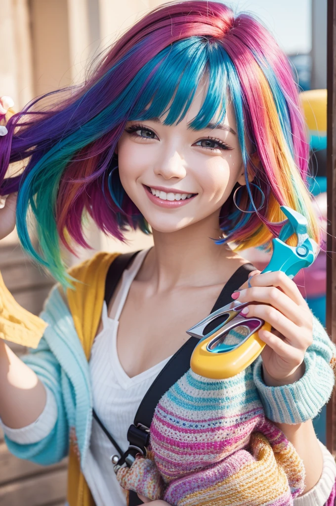A woman with colorful hair with scissors in her hand and happy like happiness
