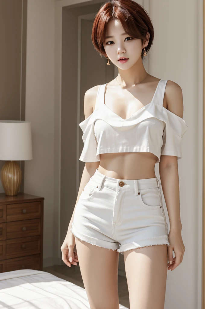 man, park Jimin, short blouse with bare shoulders, short white shorts, provocative clothing, in a room