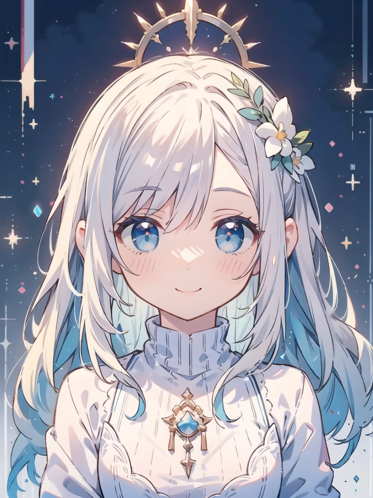 masterpiece, Highest quality, Super detailed, High resolution, (realism:1.1), photorealism, Portraiture, Amazingly beautiful one girl, (cute:1.1), whole body, Beautiful woman face, Kind older sister, sweater, Normal chest, Angel Halo, wing, smile, White Hair, Long Hair, blushing, Volumetric lighting, Contrast, Depth of written boundary, Sharp focus, Absurd, Unreal Engine
