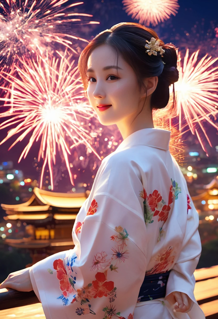 ((Highest quality, 8K, masterpiece: 1.3)),RAW Photos,Realistic atmosphere,Lens flare, Ray Tracing,(Detailed beautiful white skin:1.3),Beautiful Japanese, High-resolution face,shiny light brown hair,Bun Hair,Red and gold hair ornament,(Watching the fireworks wearing a floral yukata:1.2),Huge fireworks,(White yukata with sleeves:1.2),((Wrinkled Heko Obi:1.3)),((Looking back with an innocent smile:1.3)),Blurred grand fireworks,(Many colorful fireworks:1.2)Star Mine,Fireworks across the sky,Large fireworks